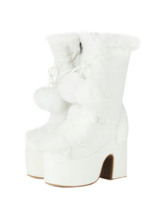 Stivali con punta tonda e tacco alto in pelliccia sintetica