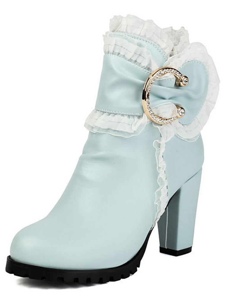 Stivaletti con tacco grosso e rifiniture in pizzo in pelle PU