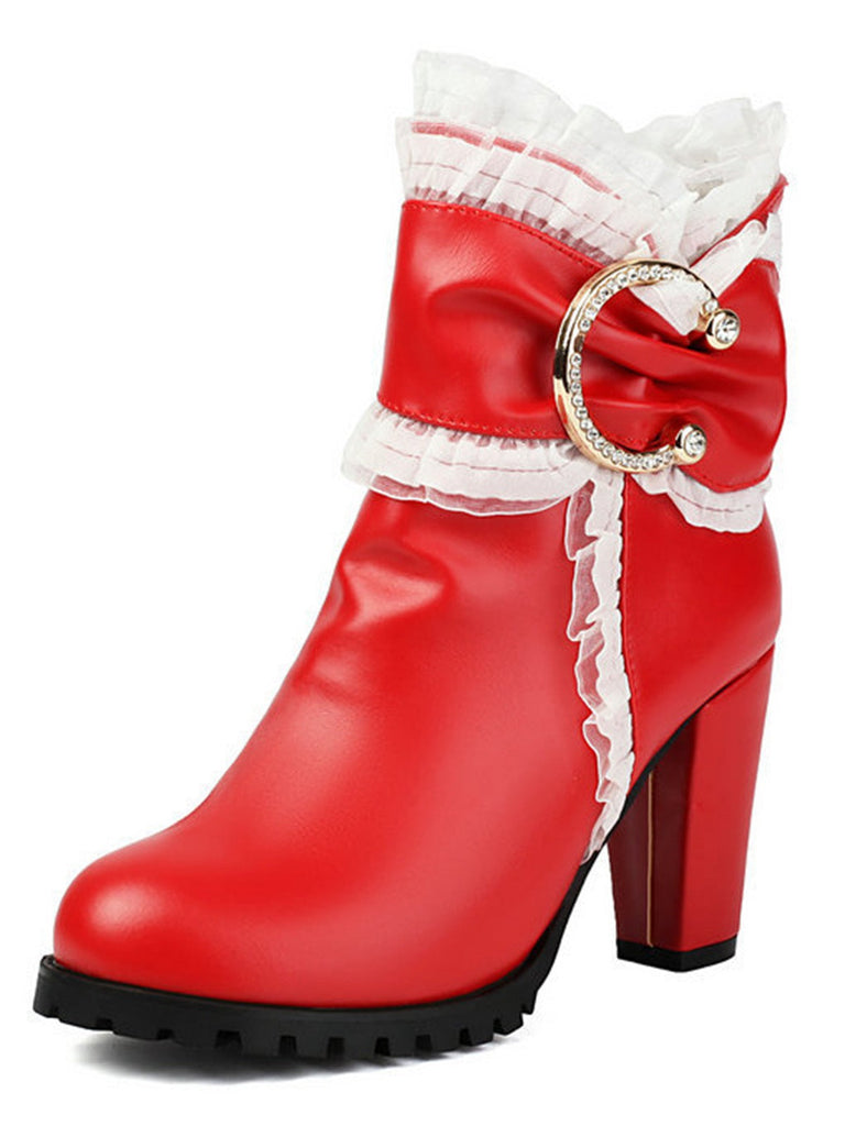 Stivaletti con tacco grosso e rifiniture in pizzo in pelle PU