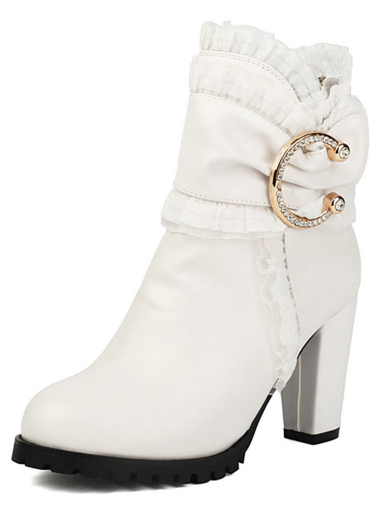 Stivaletti con tacco grosso e rifiniture in pizzo in pelle PU