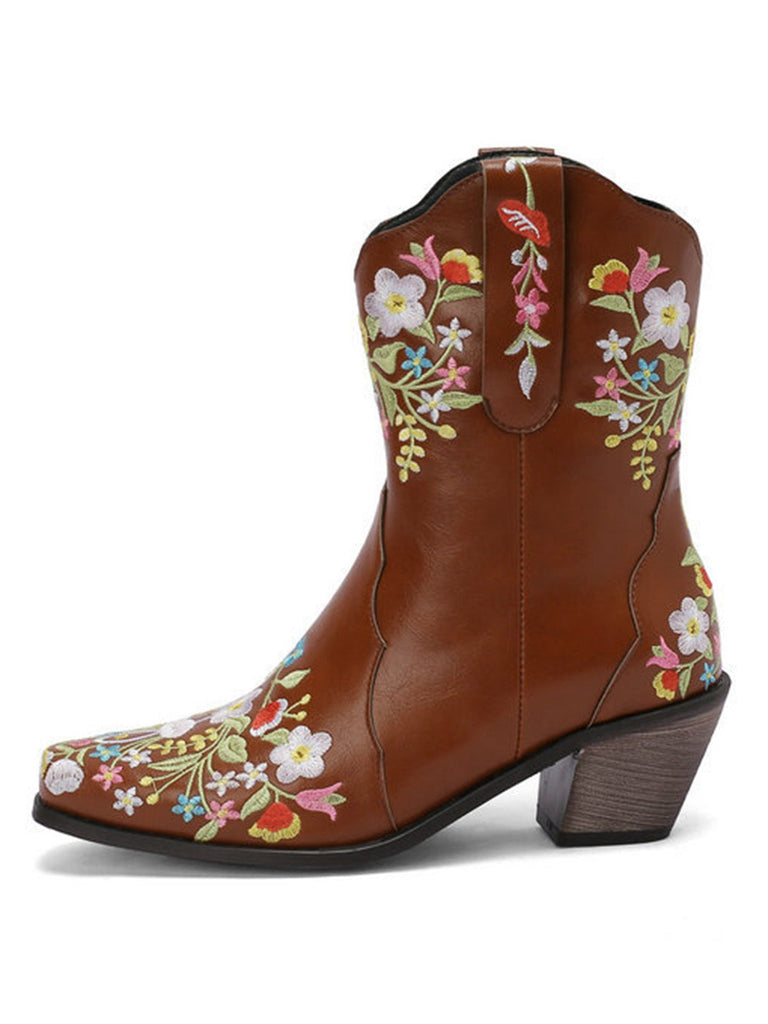 Stivali con tacco grosso e ricamati a fiori e a punta