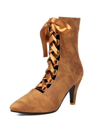 Stivali in finta pelle scamosciata a punta con lacci e traforati