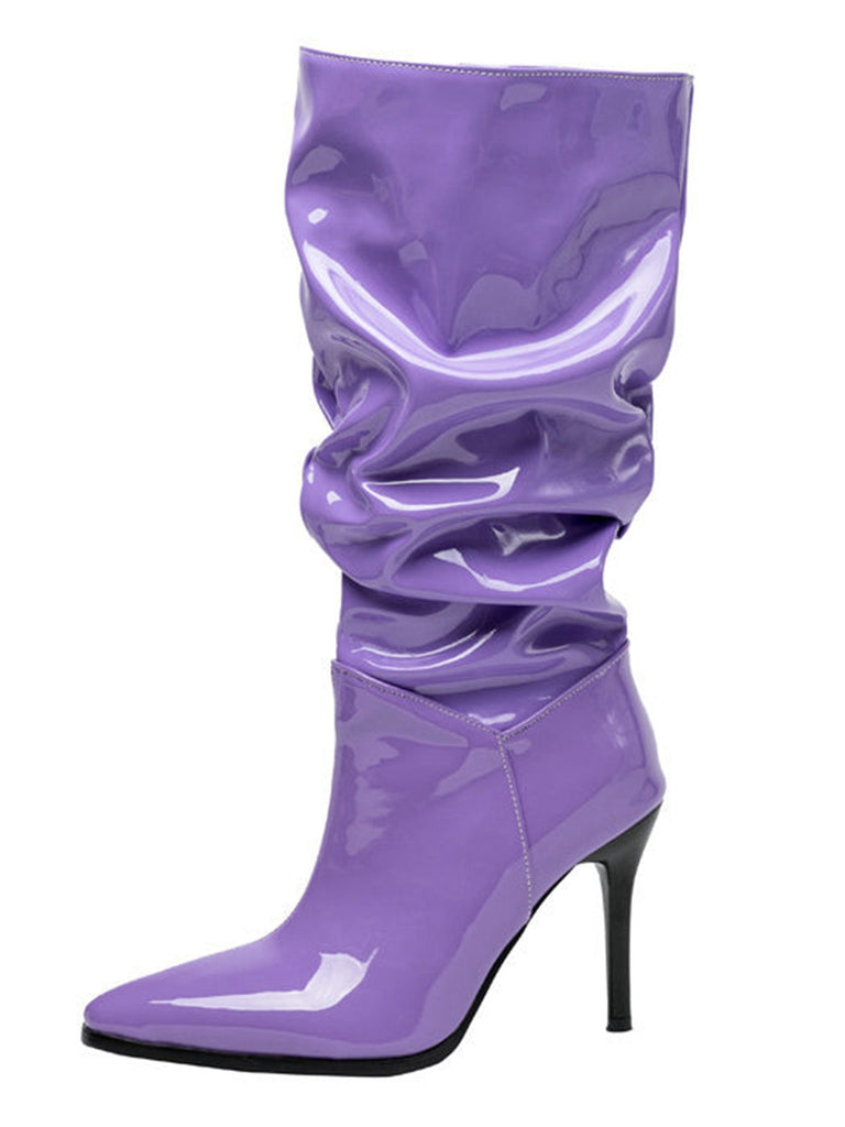 Stivali alti a metà polpaccio in pelle verniciata vintage