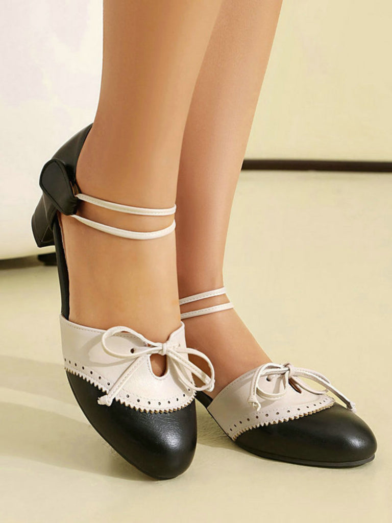 Scarpe Mary Jane Bicolori con Fiocco e Tacco Largo 8