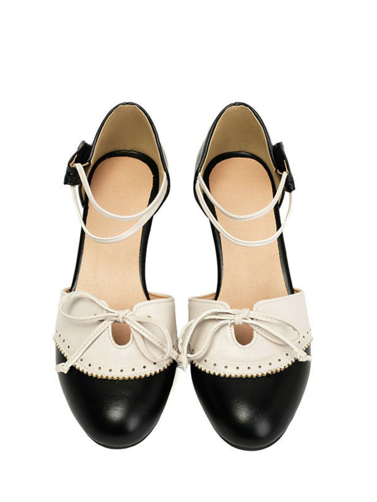 Scarpe Mary Jane Bicolori con Fiocco e Tacco Largo 9