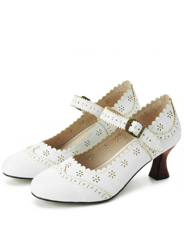 Scarpe con Tacco Largo Brogue Traforate Floreali Vintage
