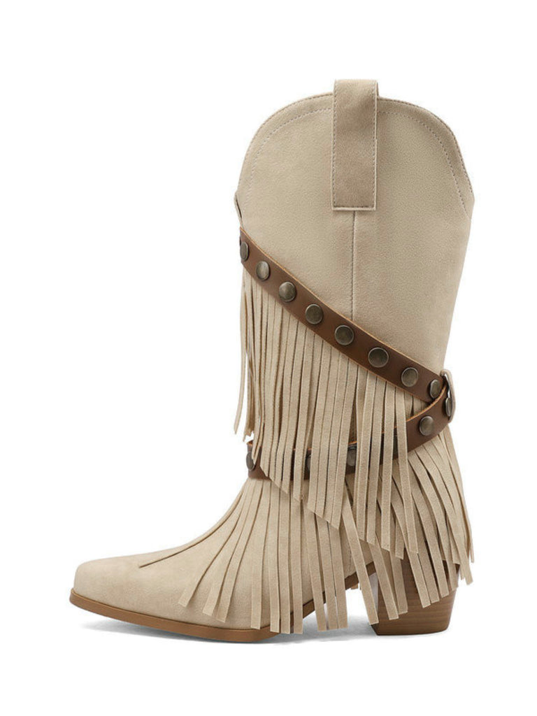 Stivali in Denim Cowboy del West con Frange a Mezza Gamba
