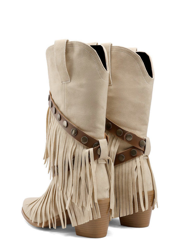 Stivali in Denim Cowboy del West con Frange a Mezza Gamba