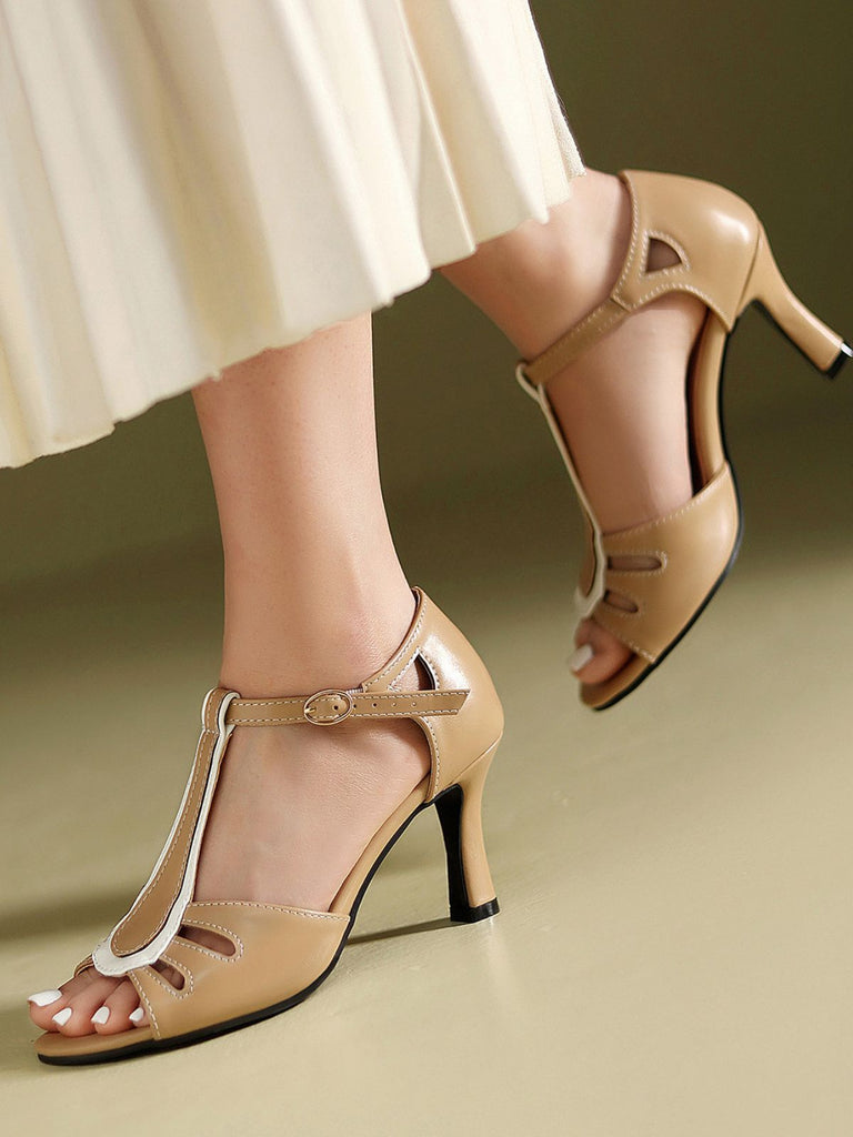 Peep Toe Hollow Out Color Block Strappy Heels 9