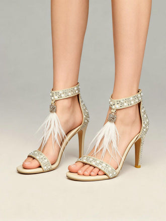 Scarpe con Strass Feather High Heel Wedding - Beige 2