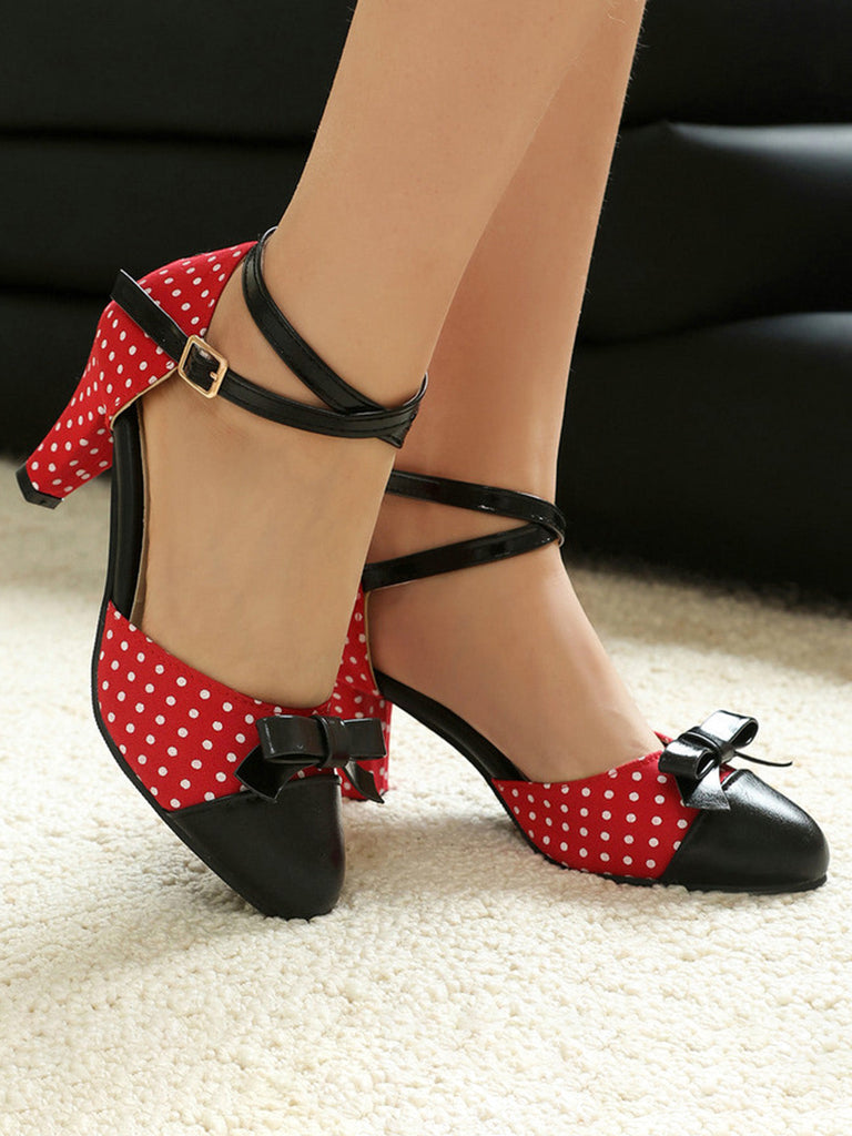 Décolleté a Punta con Fiocco a Pois e Tacco Largo Vintage 12