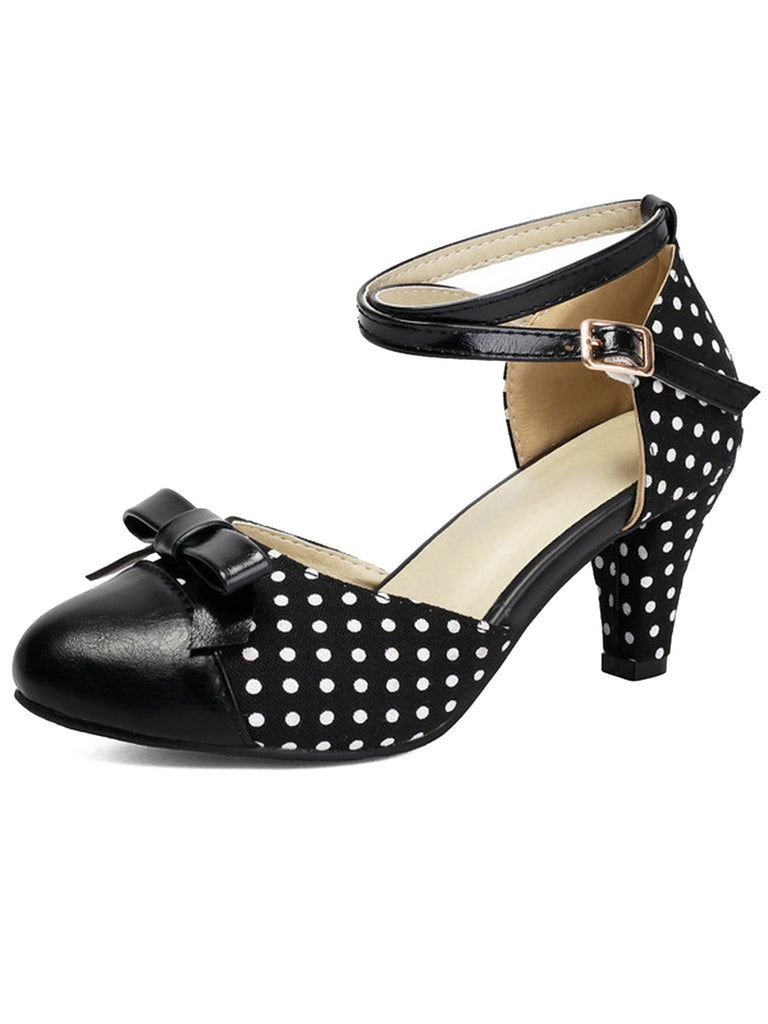 Décolleté a Punta con Fiocco a Pois e Tacco Largo Vintage