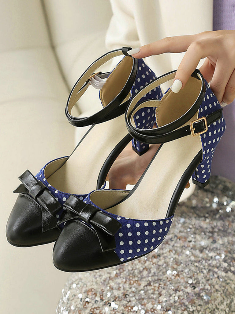 Décolleté a Punta con Fiocco a Pois e Tacco Largo Vintage 9