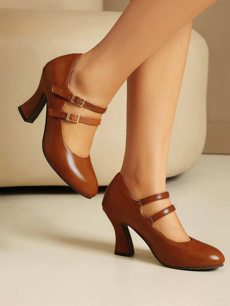 Scarpe Bordeaux in Pelle Tacco Largo Mary Jane 14
