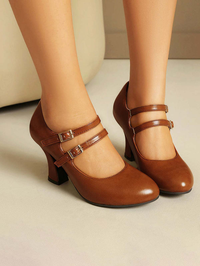 Scarpe Bordeaux in Pelle Tacco Largo Mary Jane 15