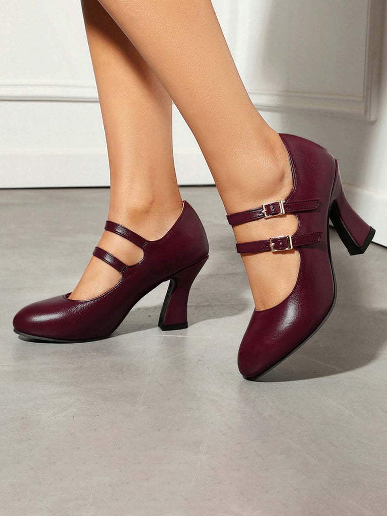 Scarpe Bordeaux in Pelle Tacco Largo Mary Jane 3