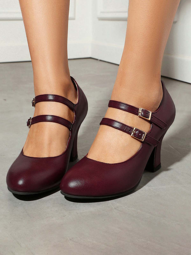 Scarpe Bordeaux in Pelle Tacco Largo Mary Jane 4