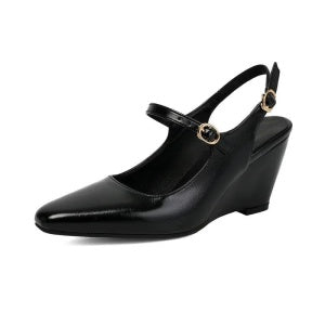 Scarpe Nero Faux in Pelle Pointed-toe Wedge-heeled con Buckles