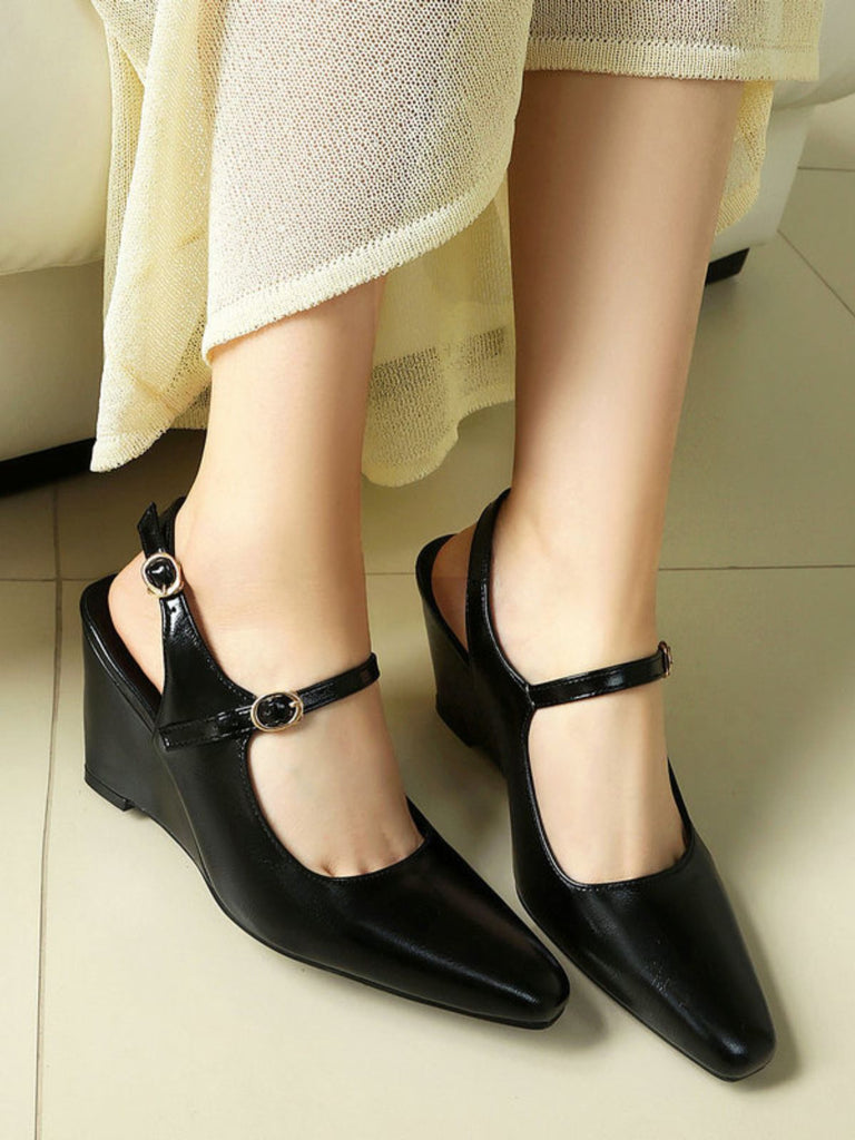 Scarpe Nero Faux in Pelle Pointed-toe Wedge-heeled con Buckles 3