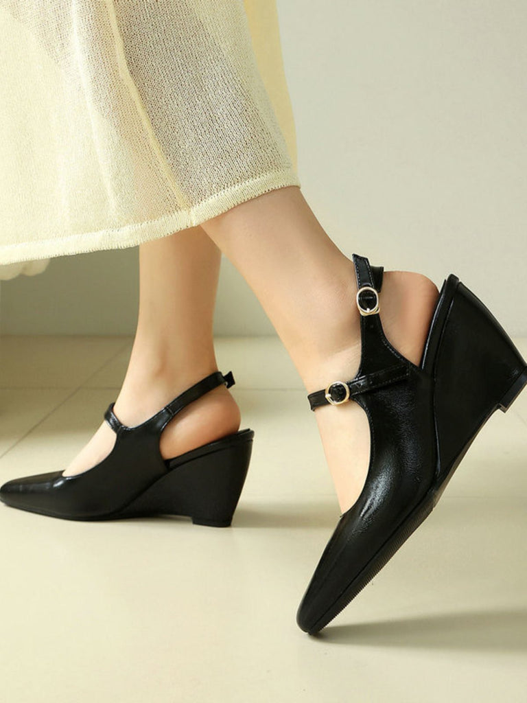 Scarpe Nero Faux in Pelle Pointed-toe Wedge-heeled con Buckles 4
