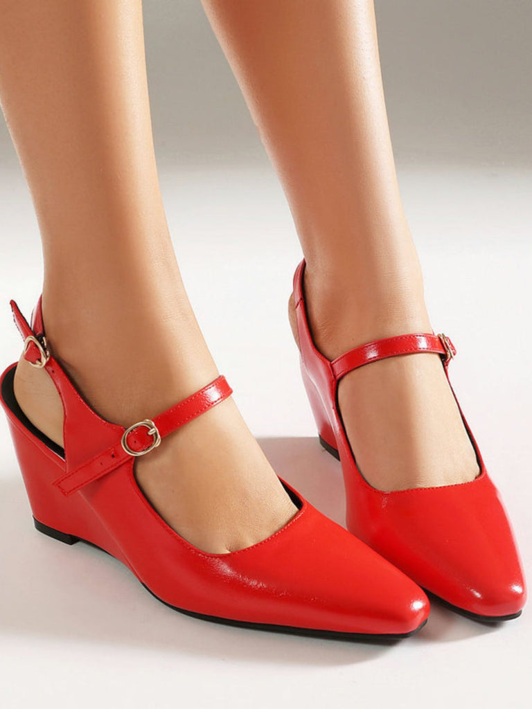 Scarpe Nero Faux in Pelle Pointed-toe Wedge-heeled con Buckles 11