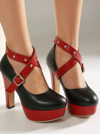 Scarpe Mary Jane Vintage Colorblock Borchiate con Plateau 2