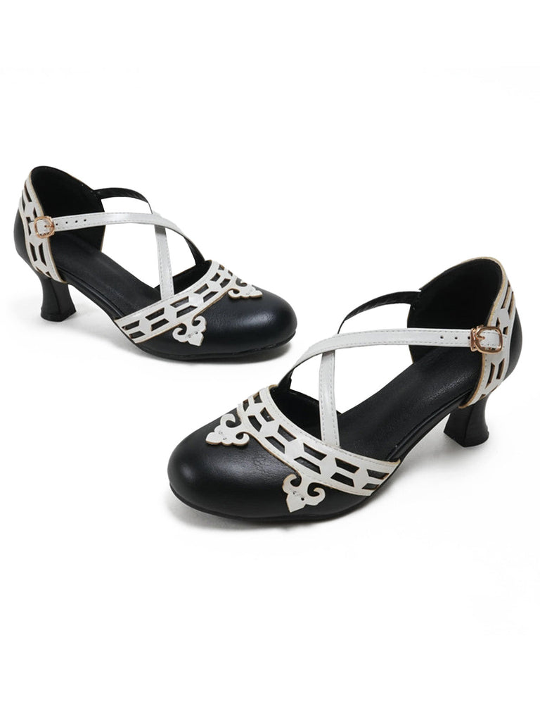 Scarpe Mary Jane Bicolore con Cinturini Incrociati Tacco Basso 6