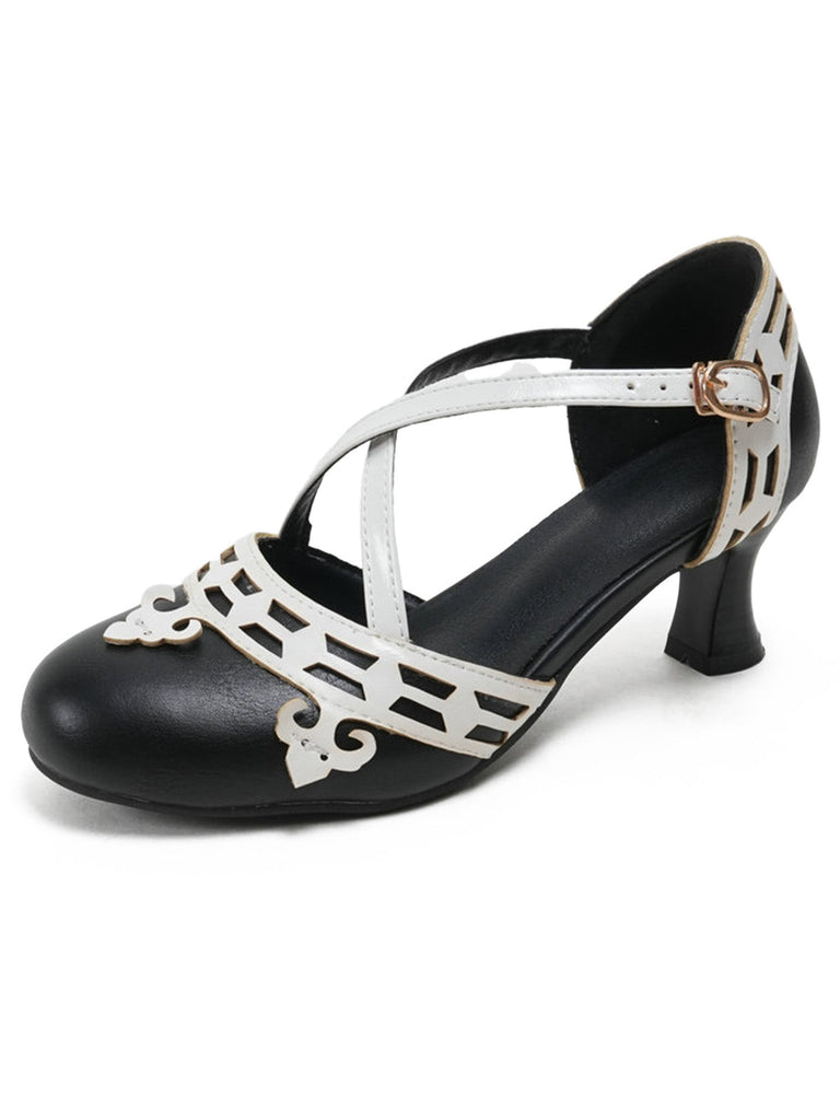 Scarpe Mary Jane Bicolore con Cinturini Incrociati Tacco Basso 5