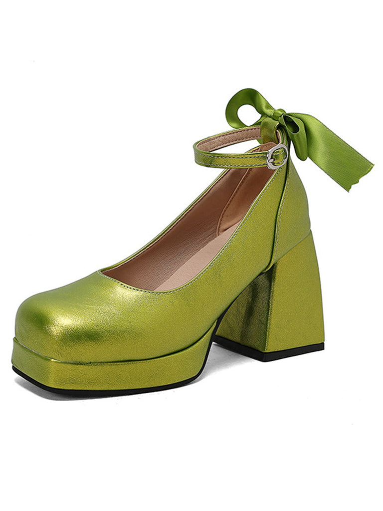 Scarpe Mary Jane con Plateau Fiocco Tacco a Blocco Anni '70