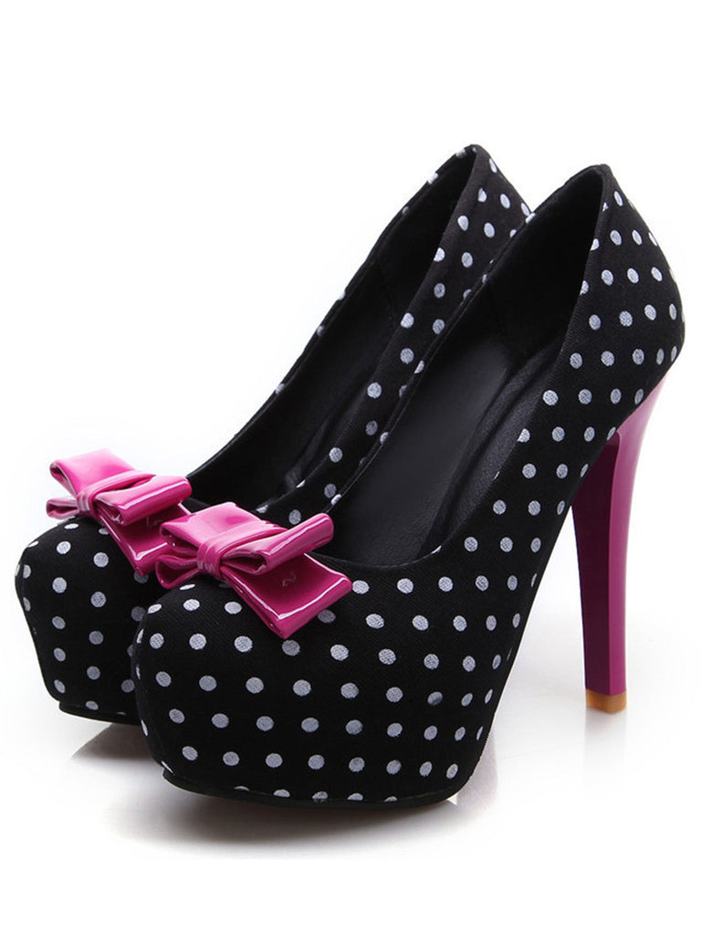 Scarpe con Tacco a Spillo a Pois con Fiocco in Tela