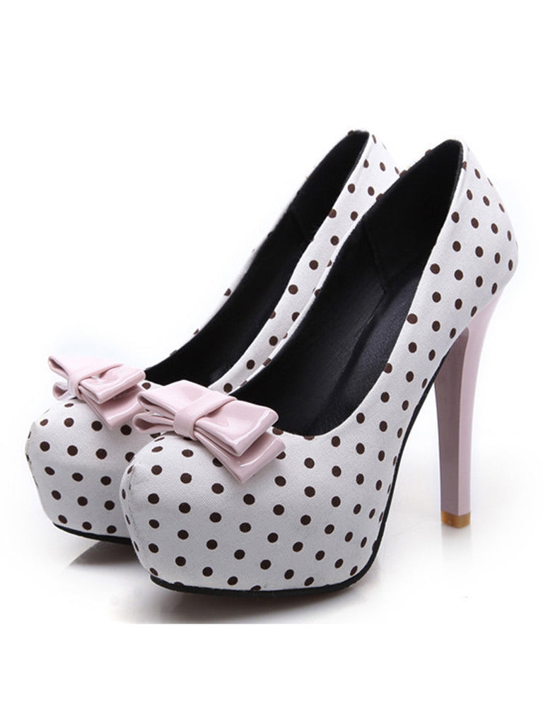 Scarpe con Tacco a Spillo a Pois con Fiocco in Tela 8