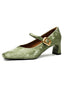 Scarpe Mary Jane Verde in Velluto con Tacco a Blocco e Fibbia