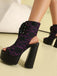 Scarpe Nero in Pizzo Open Toe con Allacciatura Tacco Largo 10