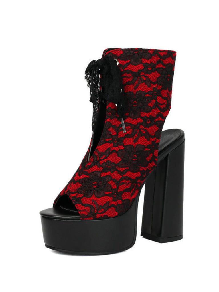 Scarpe Nero in Pizzo Open Toe con Allacciatura Tacco Largo 13