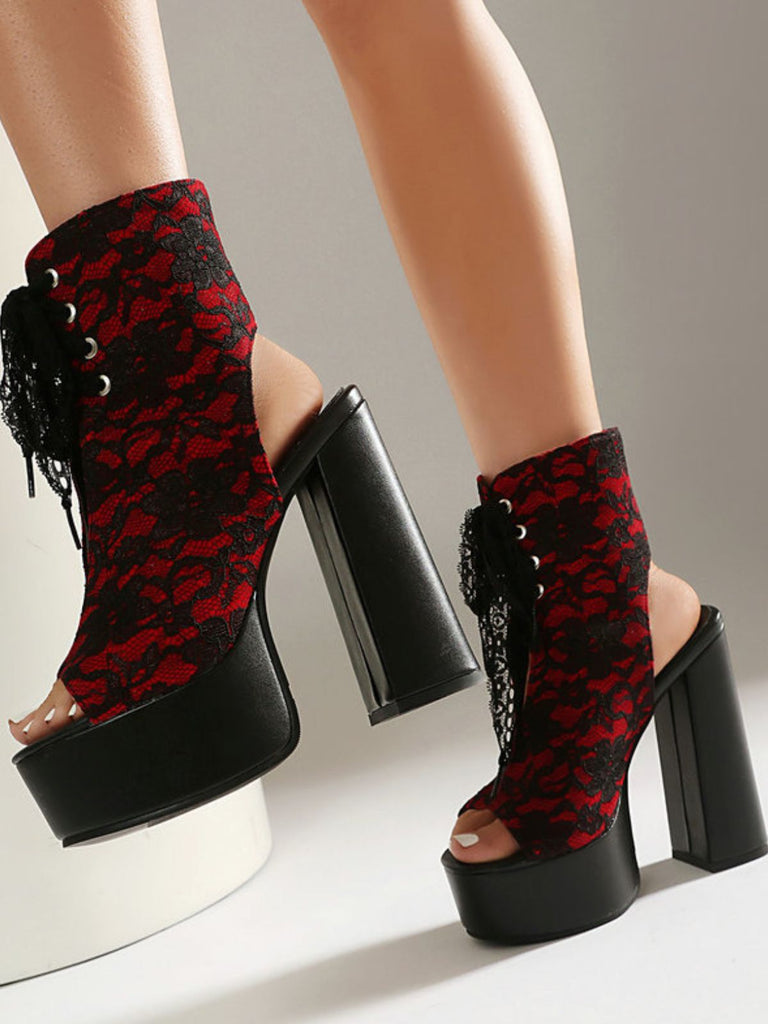 Scarpe Nero in Pizzo Open Toe con Allacciatura Tacco Largo 15