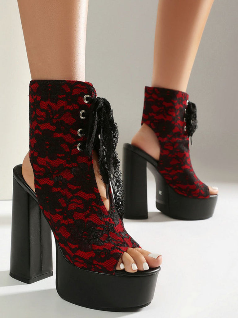Scarpe Nero in Pizzo Open Toe con Allacciatura Tacco Largo 16