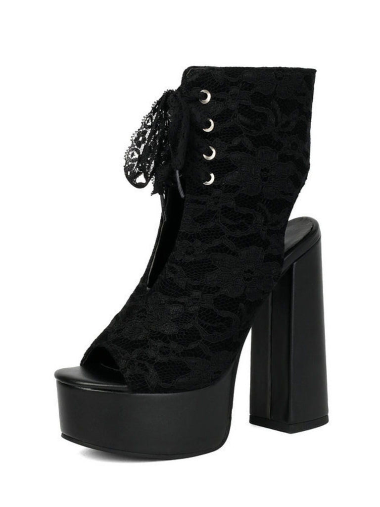 Scarpe Nero in Pizzo Open Toe con Allacciatura Tacco Largo