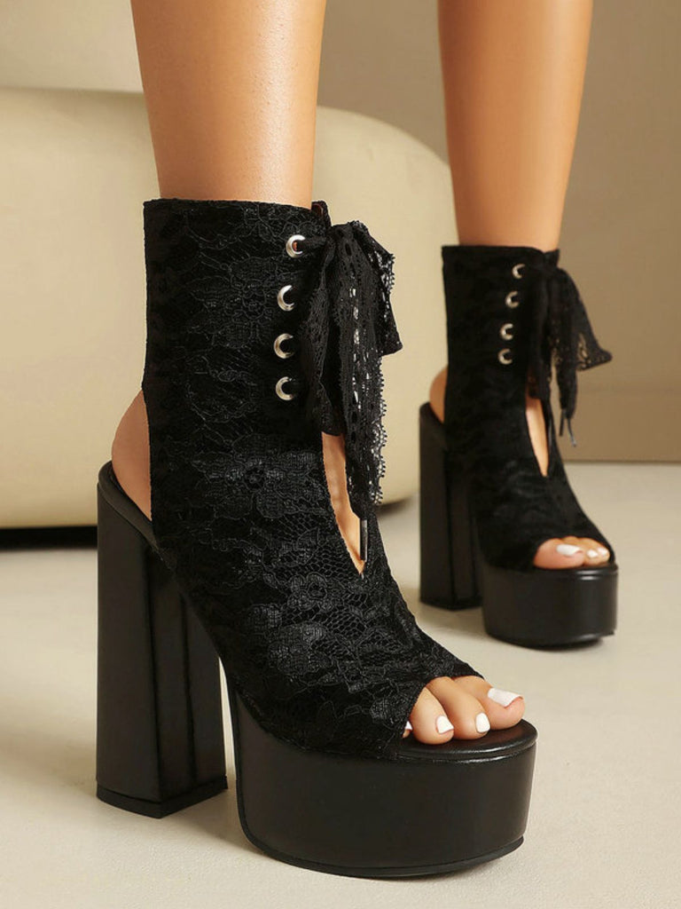 Scarpe Nero in Pizzo Open Toe con Allacciatura Tacco Largo 5