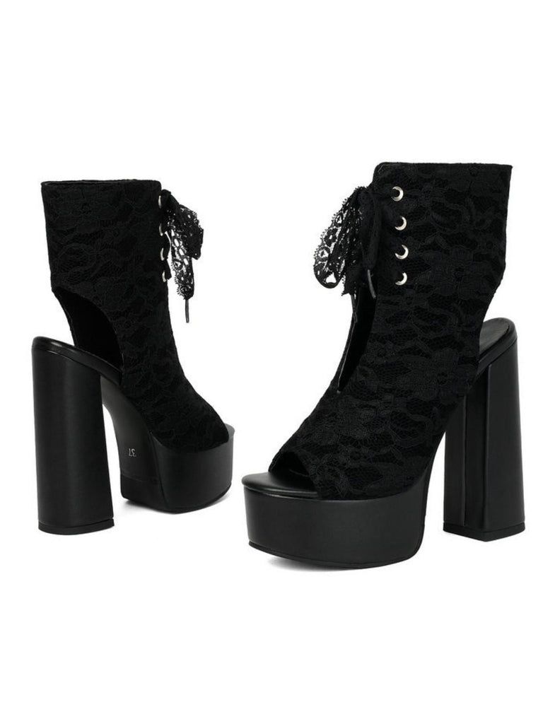 Scarpe Nero in Pizzo Open Toe con Allacciatura Tacco Largo 7