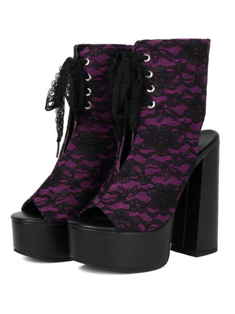Scarpe Nero in Pizzo Open Toe con Allacciatura Tacco Largo 8