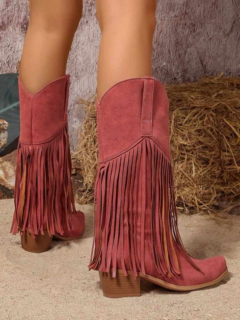 Stivali Neri Boho da Cowboy Western a Metà Polpaccio con Frange e Tacco Largo 9