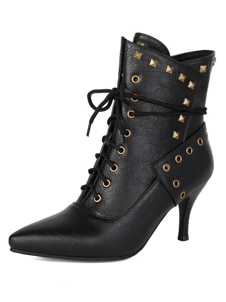 Scarpe Nero Gotico Pointed Toe in Pizzo‑up Gold a Bottone Boots