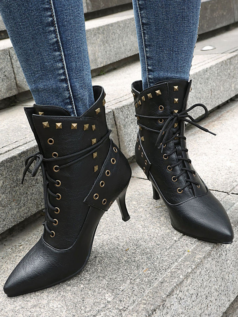 Scarpe Nero Gotico Pointed Toe in Pizzo‑up Gold a Bottone Boots 2