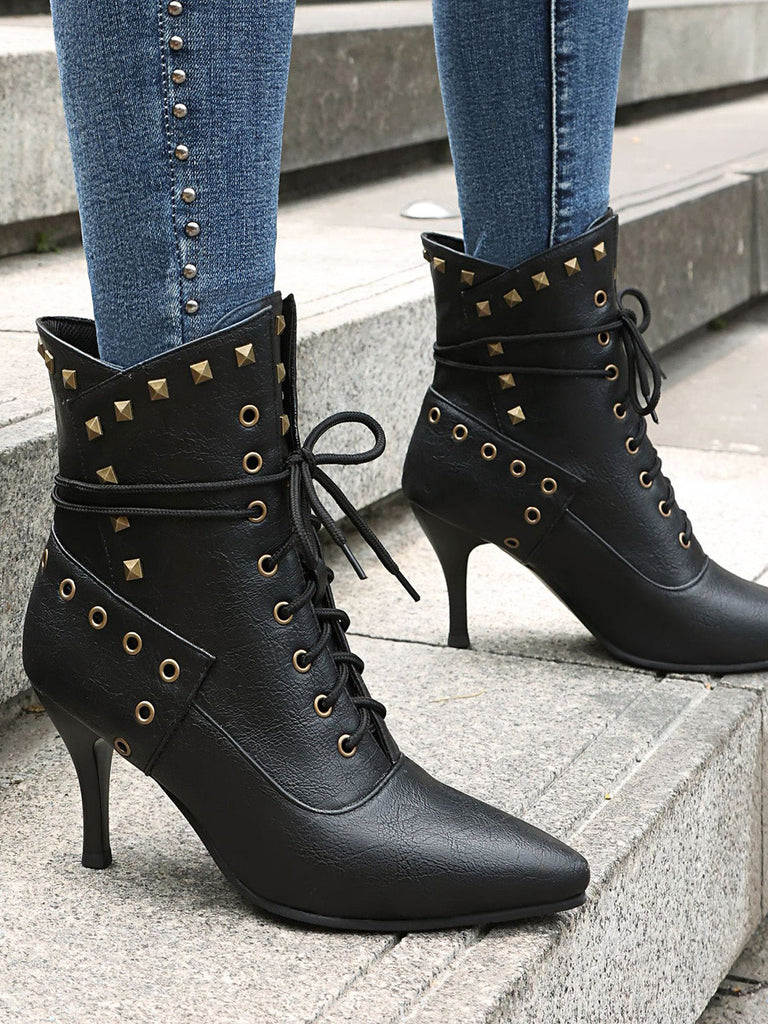 Scarpe Nero Gotico Pointed Toe in Pizzo‑up Gold a Bottone Boots 3