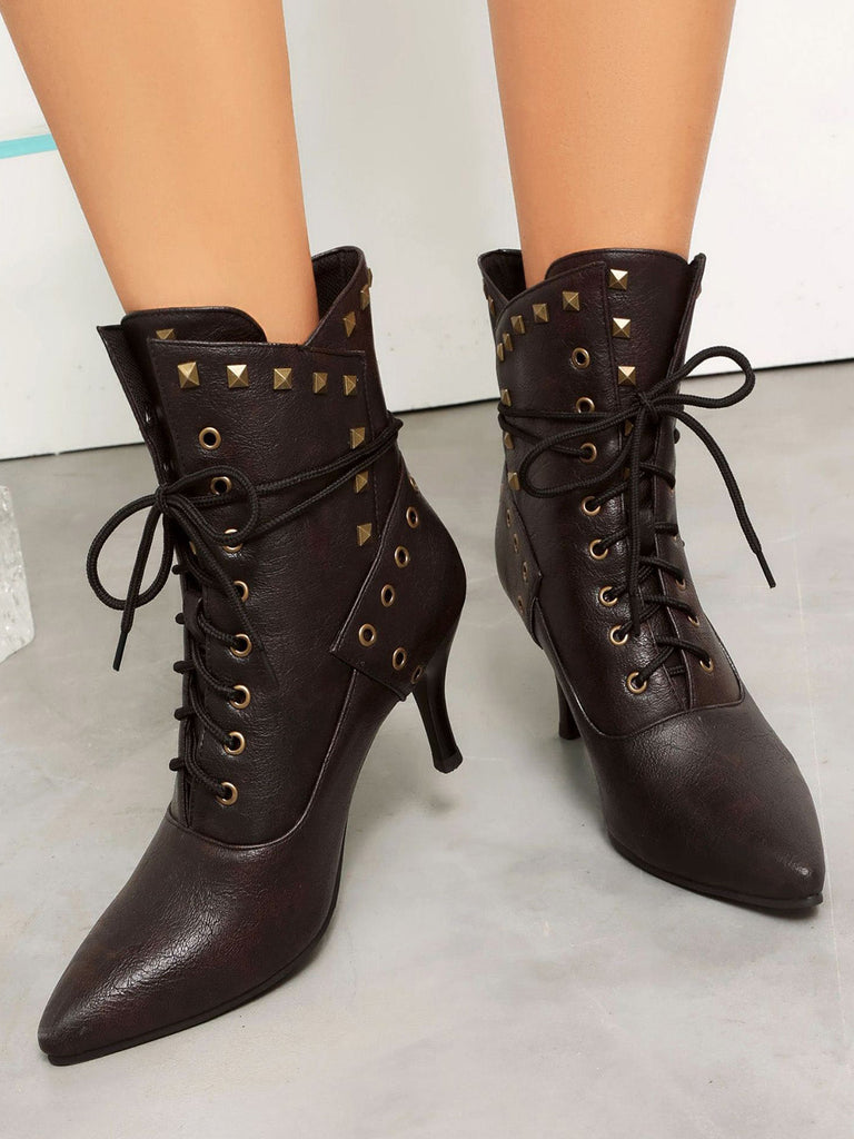 Scarpe Nero Gotico Pointed Toe in Pizzo‑up Gold a Bottone Boots 5