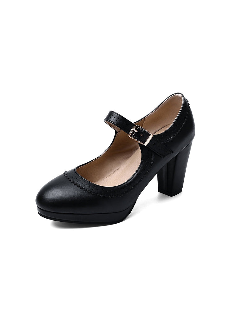 Scarpe Mary Jane retrò in pelle con tacco grosso
