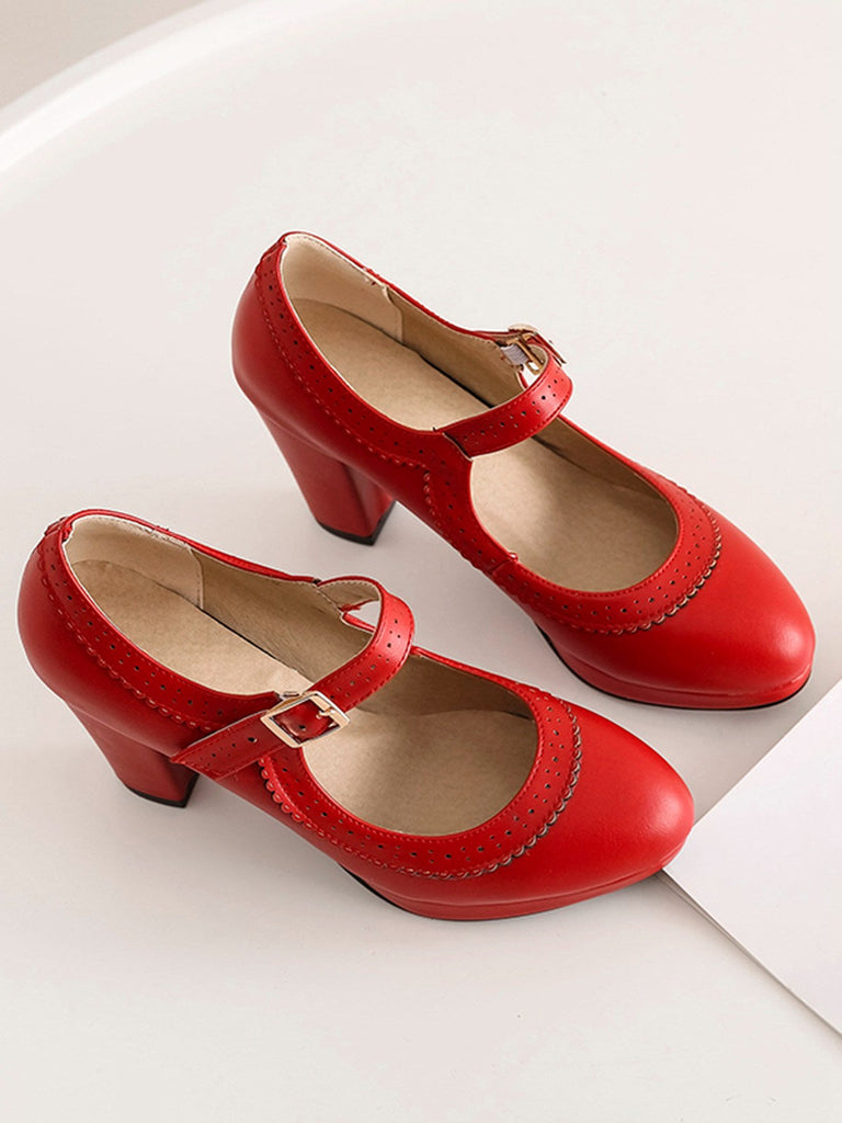 Scarpe Mary Jane retrò in pelle con tacco grosso