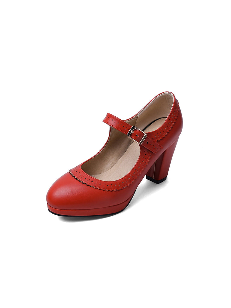 Scarpe Mary Jane retrò in pelle con tacco grosso