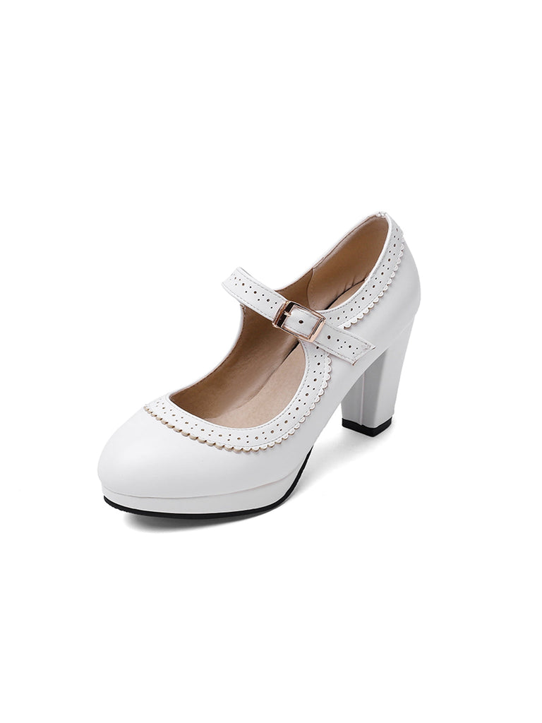 Scarpe Mary Jane retrò in pelle con tacco grosso
