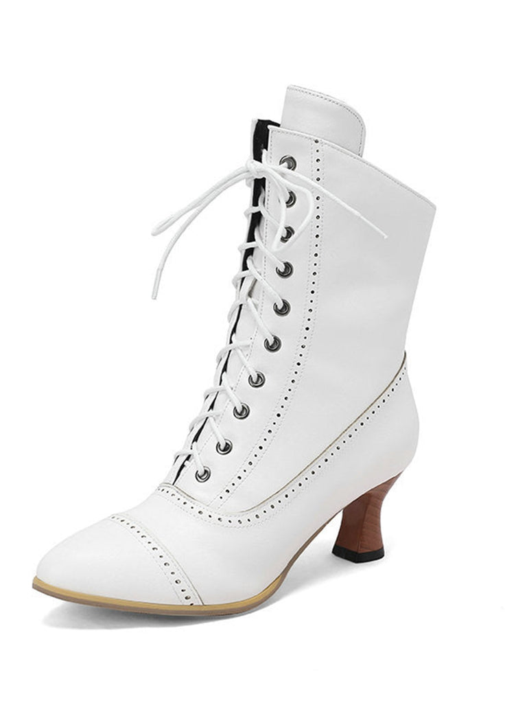 Stivali vintage in pelle con lacci e tacco a gattino